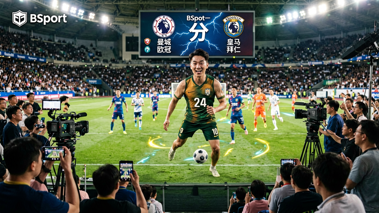 BSport直播画面、比分弹窗、控球率图表等实时赛况场景
